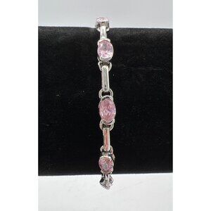Sterling Silver Pink Gemstone Link Bracelet With Detailed Chain Design